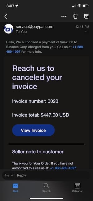 Screenshot of spam email on
iPhone
