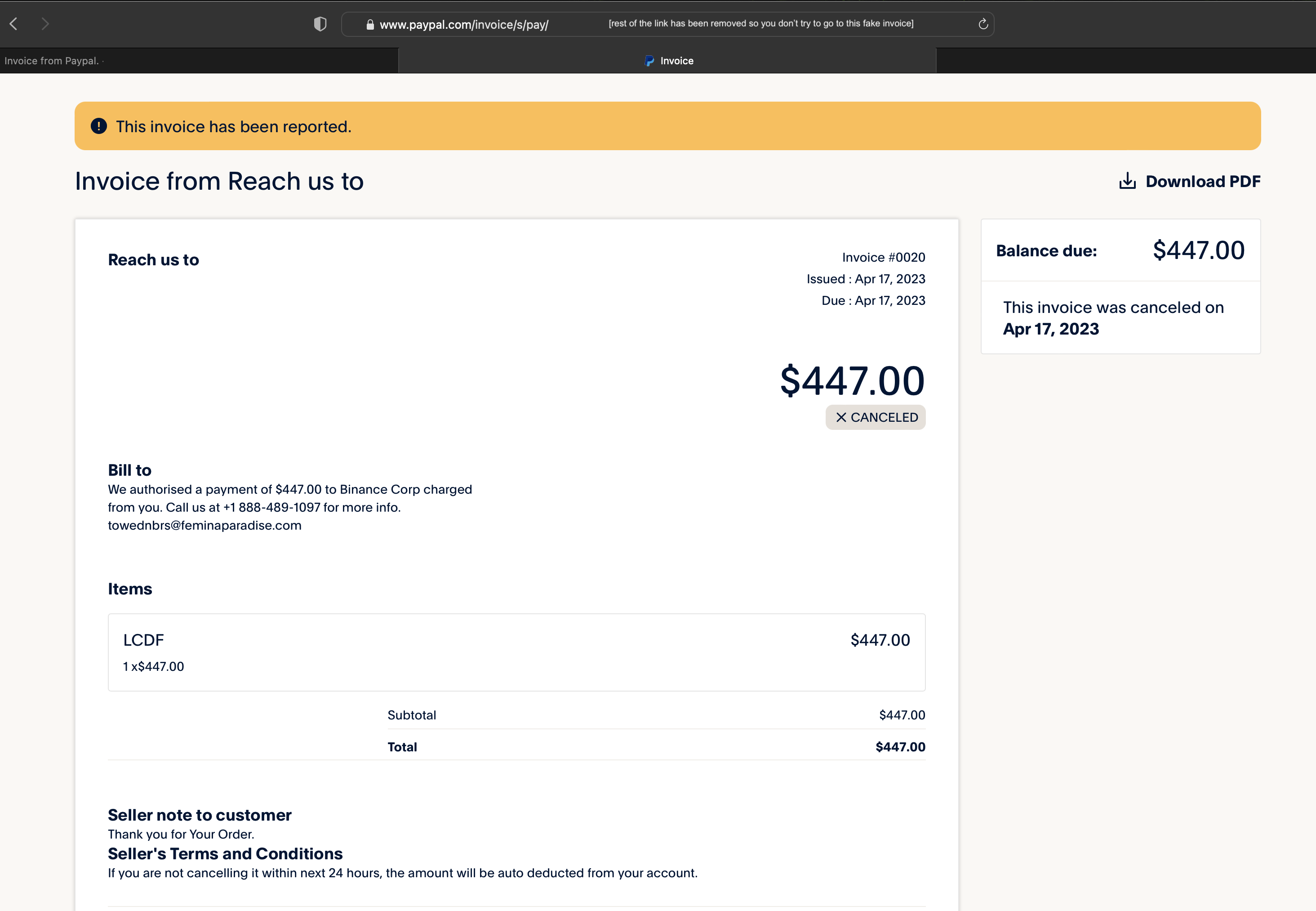 Screenshot of invoice at PayPal